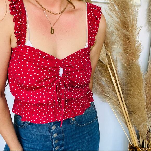 NEW EXPRESS Red White Polka Dot Ruffle Tank Top Peplum Keyhole Tie Crop Shirt XS - Picture 10 of 12